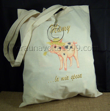 Shopping Bag ricamata "Nino il maialino".
